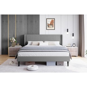 Whizmax Bed Frame with Wingback Headboard, Upholstered Bed Frame with Wood Slats, Sturdy Support Feet, No Box Spring Needed, Easy Assembly - 1 of 4
