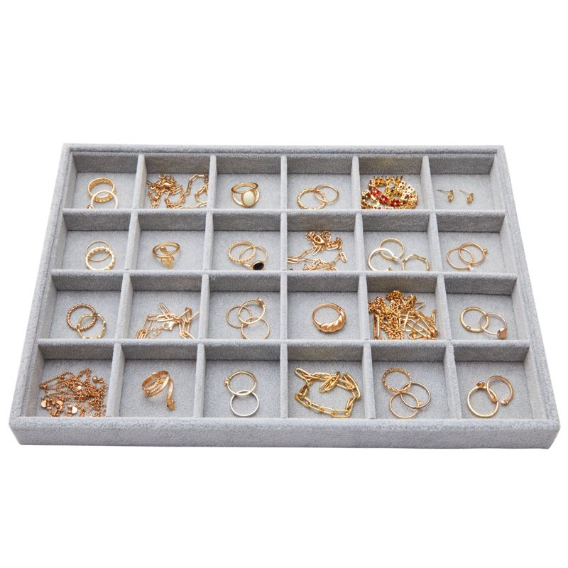 Juvale Velvet Jewelry Tray, Stackable 24 Grid Organizer for Earrings, Rings (Gray, 14x10 in), 5 of 9