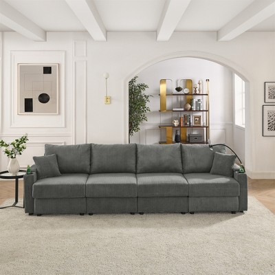 Modern 132" Corduroy 4-Seater Sectional Sofa with Cup Holders & Phone Holder