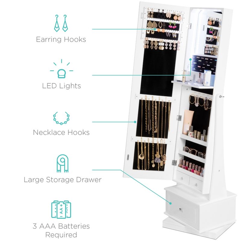 Best Choice Products 360 Swivel Standing Mirrored Jewelry Cabinet, LED-Lit Makeup Organizer w/ Mirror - White, 5 of 8