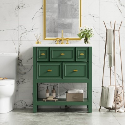 VYNXARIA 30'' Green Bathroom Vanity with Resin Sink - 5 Drawer Free Standing Set