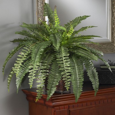 Nearly Natural Green Silk Fern in Wicker Basket