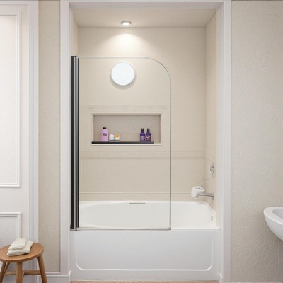 Frameless Shower Enclosure for Bathtubs, with GCC Tempered Glass and Matte Black Pivot Door Panel, Ready to Install.