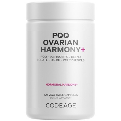 Codeage PQQ Ovarian Harmony, Myo + D-Chiro-Inositol, CoQ10, Folate, Pyrroloquinoline Quinone, Blend for Hormonal Balance & Cellular Health - 120 ct