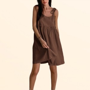 Clearlove Womens Faux Line Babydoll Dress Smocked A Line Sundress Spaghetti  Strap Tie Shoulder Ruffle Beach Dress, brown - Small