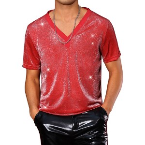INSPIRE CHIC Men's V-Neck Short Sleeve Party Sheer Glitter T-Shirt - 1 of 4