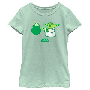 Girl's Star Wars: The Mandalorian St. Patrick's Day Grogu Pot of Gold T-Shirt - 1 of 4