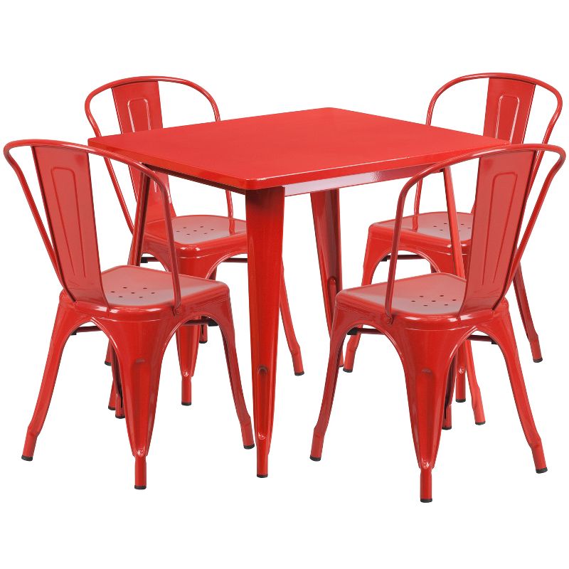 Emma and Oliver Commercial Grade 31.5" Square Metal Indoor-Outdoor Table Set with 4 Stack Chairs, 1 of 2