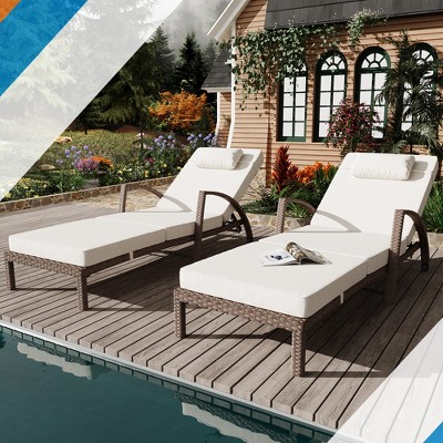 2 PCS Outdoor Chaise Lounge Chair With Armrest, Adjustable 5 Position PE Rattan Wicker Patio Pool Lounge Chair, Patio Chaise Lounge Set With Cushions