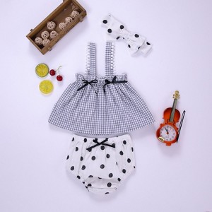 MyKids-USA Baby Girl Plaid Pattern Sling Tops Combo Polka Dot Shorts With Handband Sets - 1 of 4