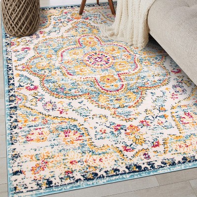 Bohemian Blue and Multicolor Distressed Vintage Area Rug 5' x 7'