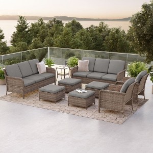 Sonkuki 9 Pieces Patio Sofa with Ottomans Set, All-Weather PE Rattan Wicker, Patio Conversation Couch with Cushion, Sand - 1 of 4