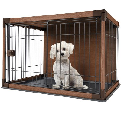 Medium Brown Wooden Dog Crate with Wire Sides