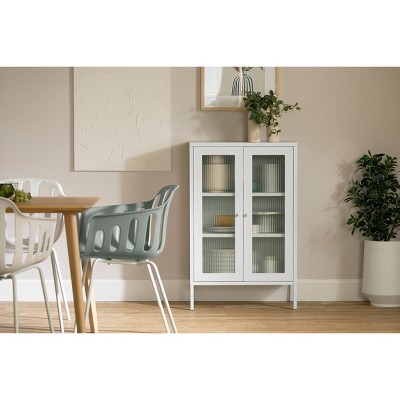 White Metal Storage Cabinet with Fluted Glass Doors