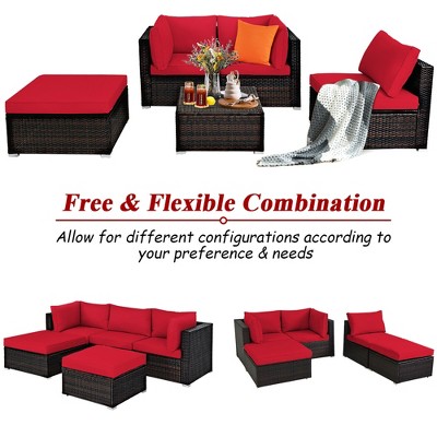 Red 5-Piece Outdoor Rattan Sectional Sofa Set with Ottomans