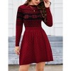 Women Long Sleeve Knitted Crewneck High Waist A-Line Cute Mini Sweater Dress Ugly Wine Red L - 2 of 4