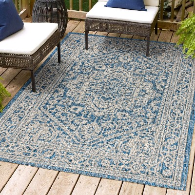 Gray and Navy Synthetic Medallion Flat Woven Reversible Rug