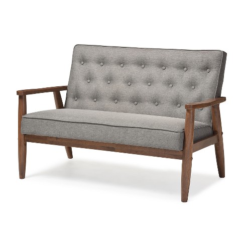 sorrento mid century retro modern fabric upholstered wooden 2 seater loveseat gray baxton studio