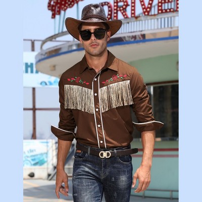 Men's Western Cowboy Fringe Shirt Long Sleeve Rose Embroidered Slim Fit Button Down Shirt