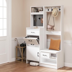 Heynemo 7-in-1 Hall Tree with Hidden Shoe Storage, Entryway Bench with Coat Rack and Pegboard, Coat Rack with Bench Mudroom Storage - 1 of 4