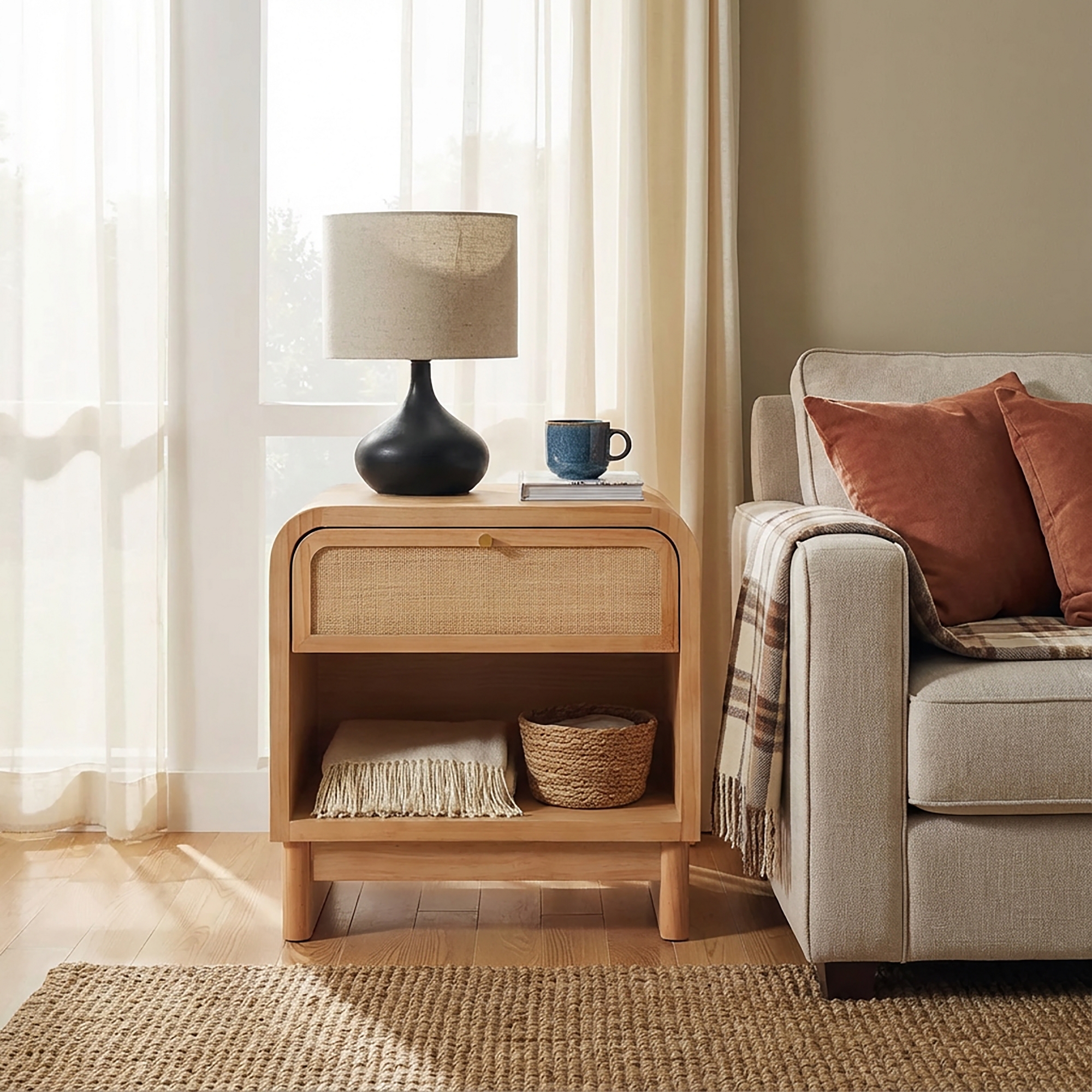 Christopher Knight Home Sandrine Farmhouse Nightstand with Fabric Overlay Drawer and Open Shelf, Natural