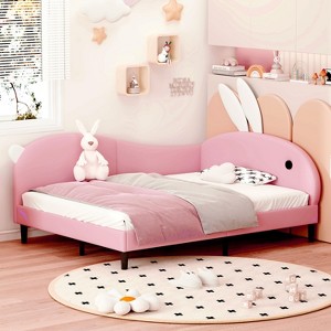 Twin/Full Size Upholstered Rabbit-Shape Daybed, Sofa Bed with Rabbit Ear Headboard, Pink - ModernLuxe - 1 of 4