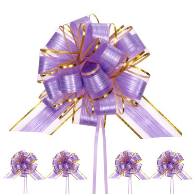 Unique Bargains Plastic Tree Stripes Gold Edge Large Satin Pull Bows 12 Pcs