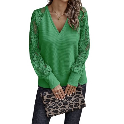 Women Crochet Lace Long Sleeve Tops Loose V-Neck Dressy Casual Long Sleeve Blouses Hollow Out Lace Sleeve Shirts