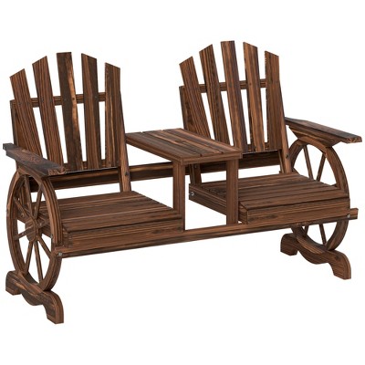 Outsunny Wooden Garden Bench with Table, Umbrella Hole, 2-Seat Wagon Wheel Outdoor Bench, High Backrest, Armrests for Backyard, Patio