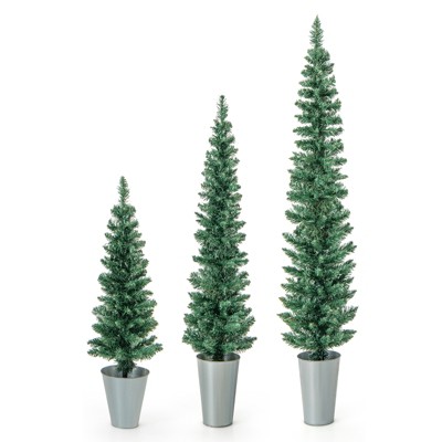 Tangkula 3’ & 4’ & 5’ Potted Artificial Christmas Tree Set of 3 Pencil Xmas Trees w/ 120 & 140 & 160 Branch Tips