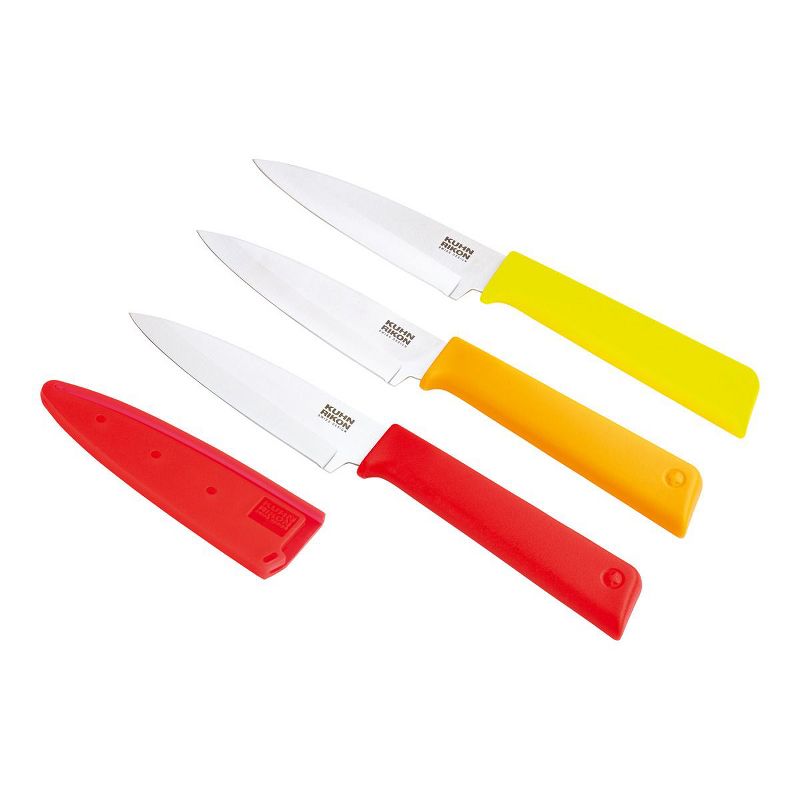 Kuhn Rikon Non-Stick Straight 4-Inch Paring Knife, Set of 3, Red, Orange, Yellow, 1 of 2