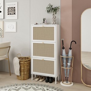 Shoe Cabinet with 3 Flip Drawers, Free Standing Modern Natural Rattan 3-Tier Shoe Storage Rack for Entrance, Hallway, Entryway - 1 of 1