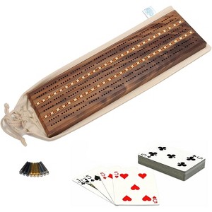 WE Games Deluxe Cribbage Set - Solid Wood with Inlay Sprint 3 Track Board with Easy Grip Pegs, Deck of Cards & Canvas Storage Bag - 1 of 4
