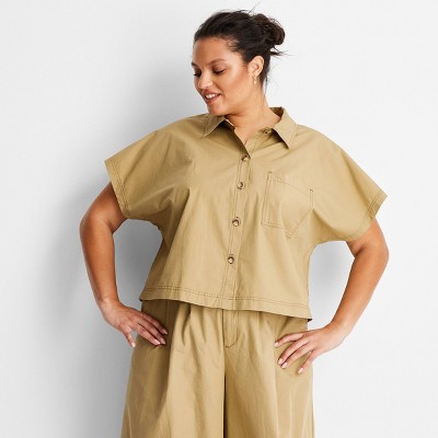 Women's Cap Sleeve V-Neck Button-Down Shirt - Future Collective Khaki 3X