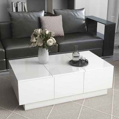 Lirago 39.3" White High Gloss Extendable Coffee Table with Sliding Top 2 Hidden Compartments 2 Drawers for Living Room Bedroom