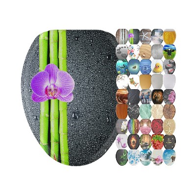 Sanilo 355 Elongated Wood Toilet Seat w/Soft Close Lid, Zen Bamboo Flower, Asia