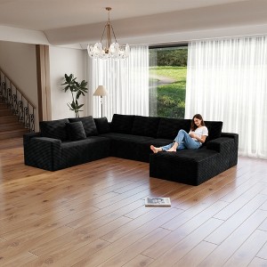 131.9"104.3" Plush Corduroy 4-Piece Modular Sectional Sofa with No Assembly Required and Comfortable Chaise Lounge - 1 of 4