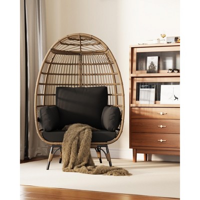 Egg Chair, Wicker Egg Chair with Plush Cushion, Steel Frame and Metal Base, Lounge Chair for Indoor & Outdoor Patio, Living Room, and Backyard