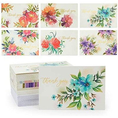 Pipilo Press 48 Pack Floral Thank You Cards with Envelopes and Stickers, 6 Designs (4 x 6 In)