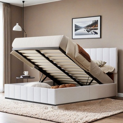 Lift-up Upholstered Platform Bed with Storage, Full-Size Bed Frame with Hydraulic System and Vertical Channel Headboard - Leovsnove