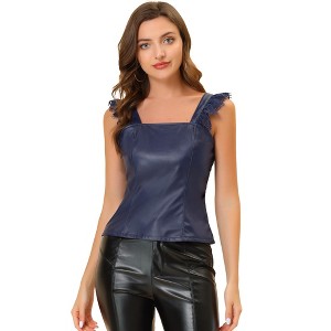 Allegra K Women's Lace Trim Party Faux Leather PU Tank Top - 1 of 4