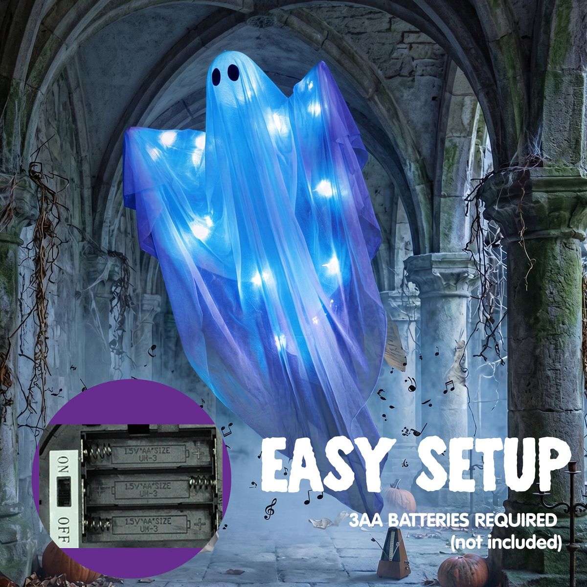 Joyfy Halloween Hanging Ghost Outdoor Decoration, 47” LED Light Hanging Ghost Halloween Decoration for Halloween Party Indoor Outdoor Yard Lawn Decor - thumbnail 7