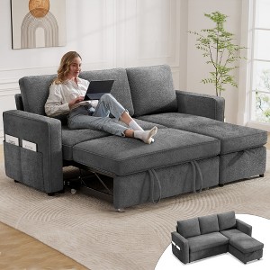 Vipbear 81" Sleeper Sofa Bed, 2 in 1 Pull Out Couch with Reversible Storage Chaise, Dark Grey - 1 of 4