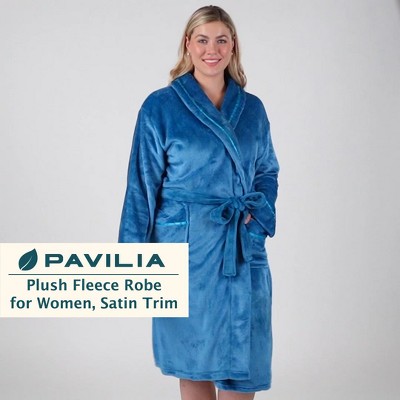 Sea Blue Fleece Hooded Bathrobe with Satin Trim, L/XL
