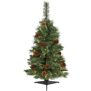 3ft Nearly Natural Pre-Lit LED White Mountain Pine with Pinecones Artificial Christmas Tree Clear Lights - 1 of 4