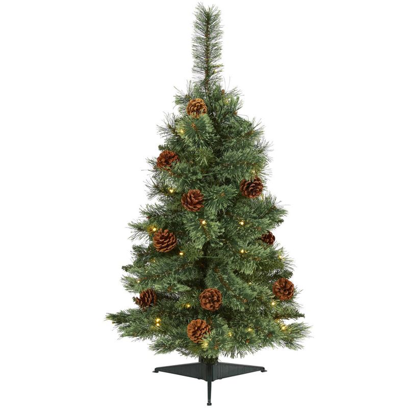 3ft Nearly Natural Pre-Lit LED White Mountain Pine with Pinecones Artificial Christmas Tree Clear Lights, 1 of 10