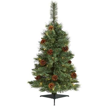 3ft Nearly Natural Pre-Lit LED White Mountain Pine with Pinecones Artificial Christmas Tree Clear Lights