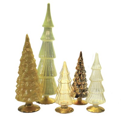 Christmas 17.0" Yellow Orange Hued Glass Trees Set/5 Decorate Mantle Christmas  -  Decorative Figurines