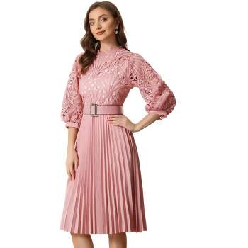 Allegra K Women's Floral Lace Panel 3/4 Sleeves Belted A-Line Pleated Dresses