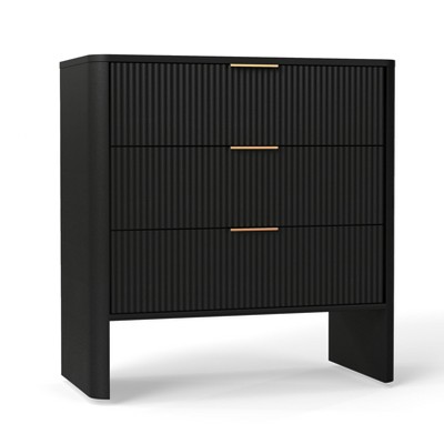 Angel Sar Fluted Nightstand with 3 Drawers, Modern Bedside Table for Bedroom, Black